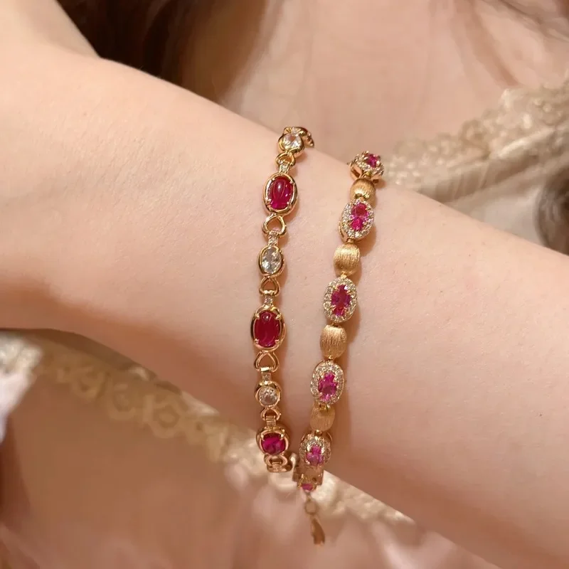 Creative inlaid ruby bracelet for women exquisite and High quality glossy and fashionable oval brushed bangles wedding jewelry