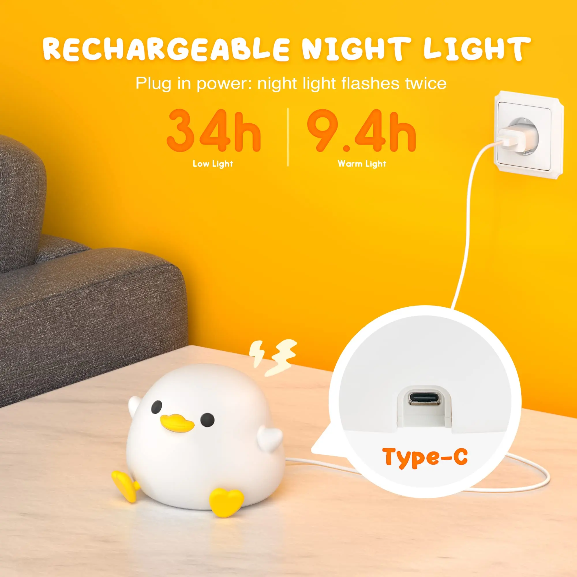 Cute Duck Night Light for Kids Nursery Rechargeable Table Lamp Bedside Lamp with Touch Sensor for Girls and Boys Bedrooms,Living