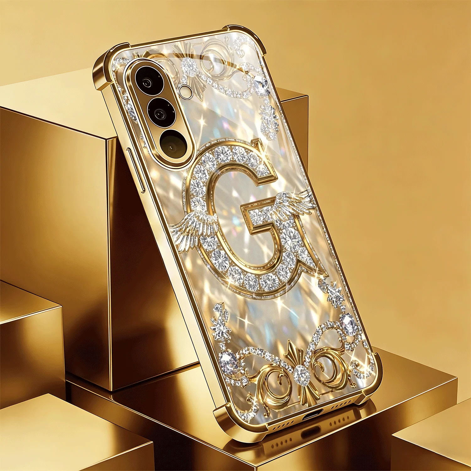 Gold studded diamond letter G electroplated glass phone case suitable for Samsung Galaxy S26 S25 S24 S22 S21 S20 FE/Ultra/Plus