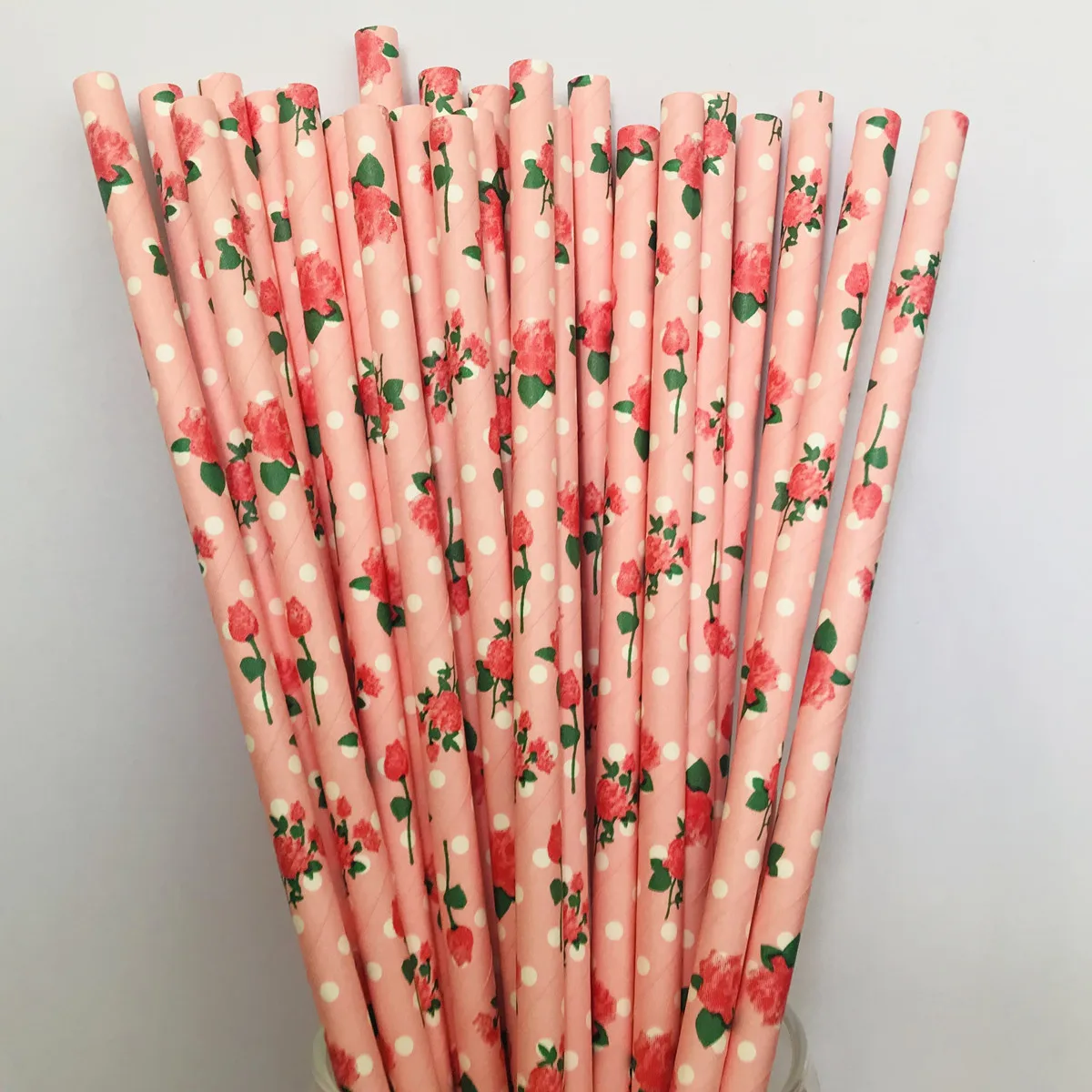 100 Pcs Red Rose Flower Light Pink Paper Straws,Floral Green Leaves White Swiss Dot Girl Valentine Wedding Garden Party Drinking