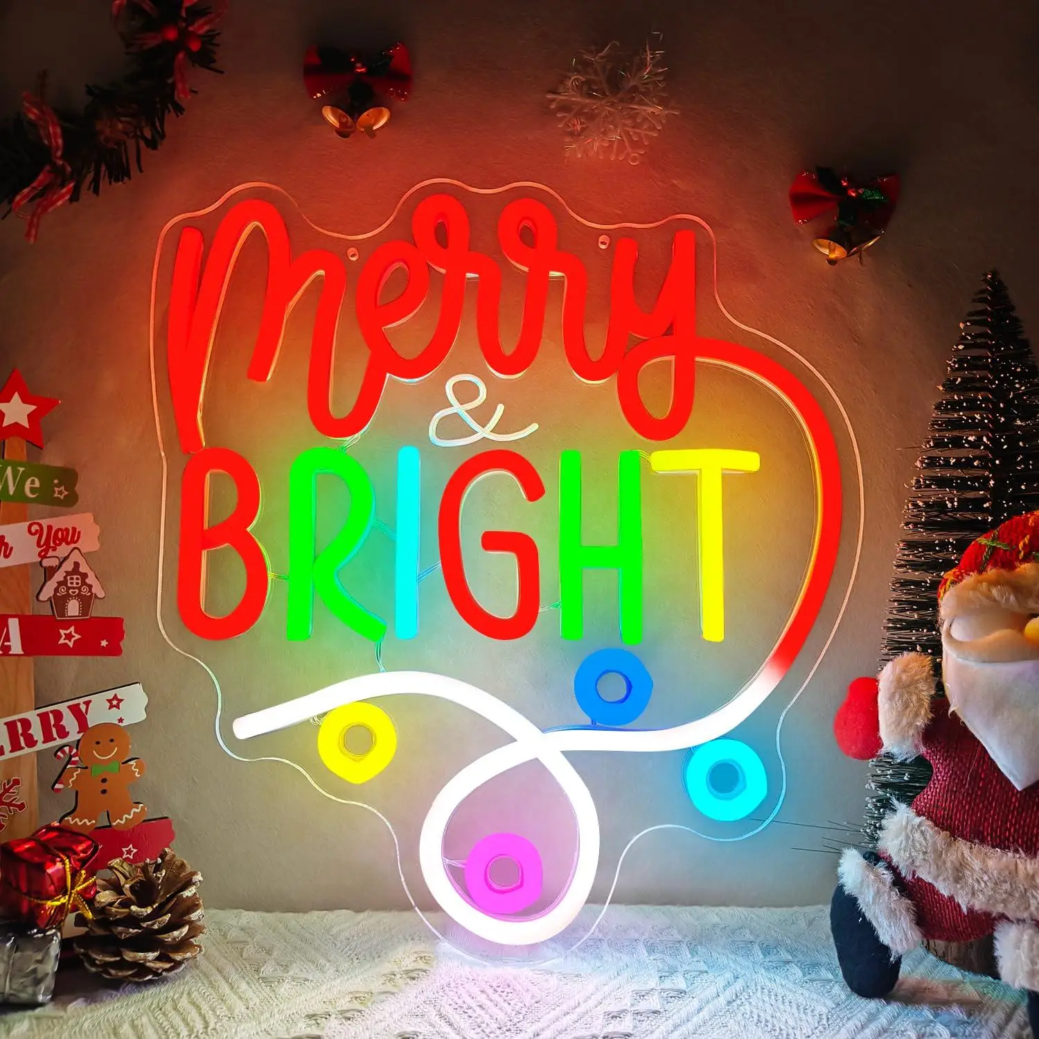 Merry And Bright Christmas Neon Sign USB Dimmable LED Neon Light for Bedroom Window Xmas Party Home Neon Wall Decoration Gifts