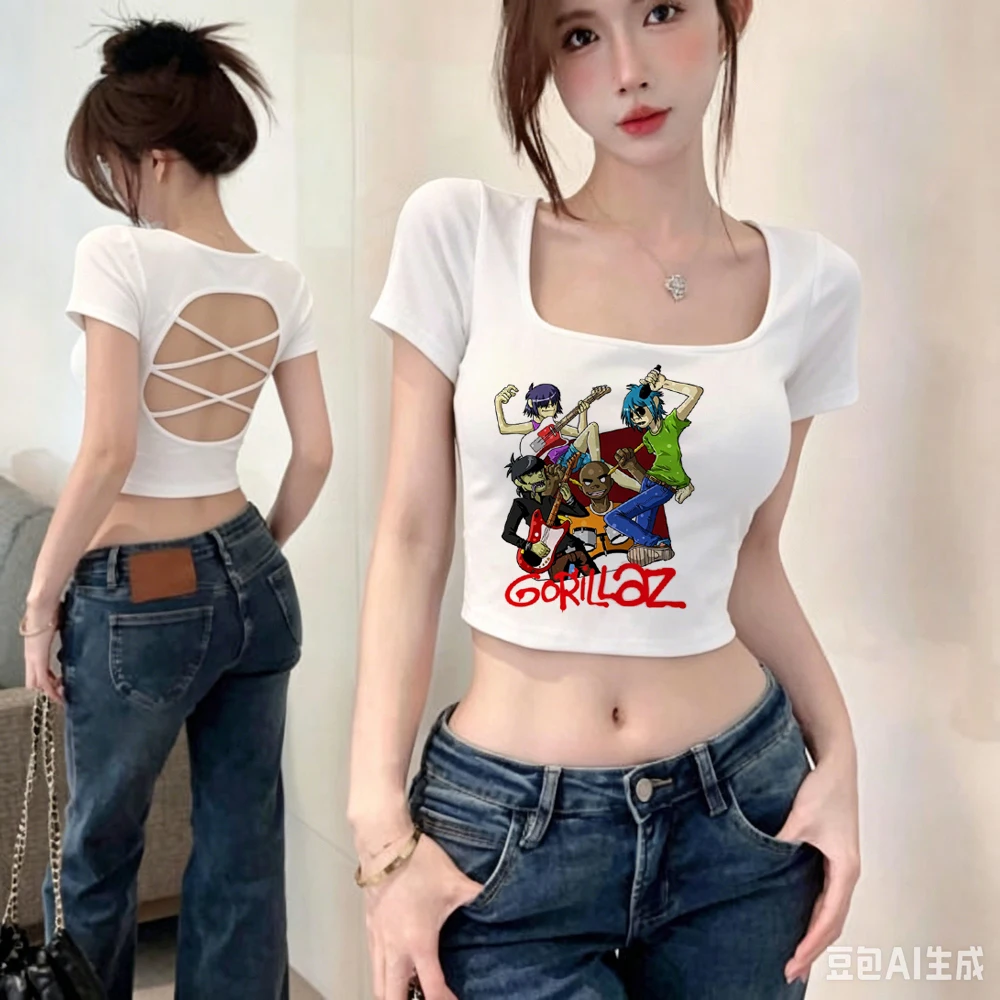 Gorillaz crop top women cutecore streetwear meme funny baddie tshirt grunge 2000s kawaii