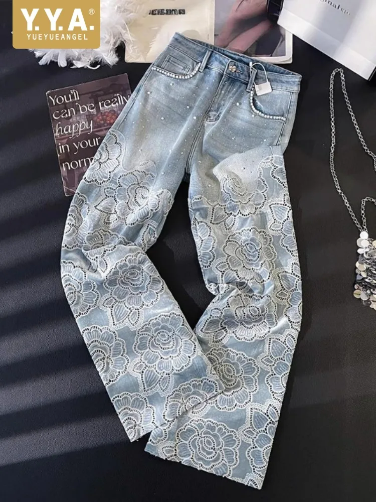 Fashion Autumn Summer Retro Beading Female Jeans Floral Hollow Out High Waist Wide Leg Trousers Casual Full Length Denim Pants