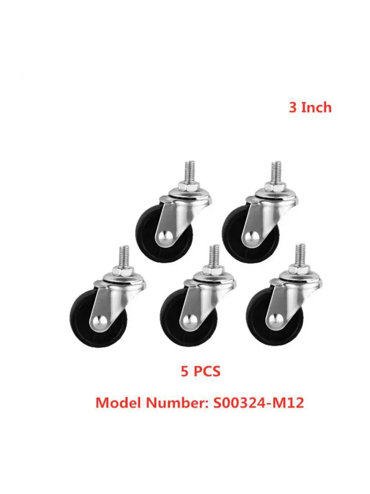 

5 Packs Casters 3 Inch M12 Screw Universal Caster Light Black Pp Plastic Steering Wheel Tool Trolley Factory Direct