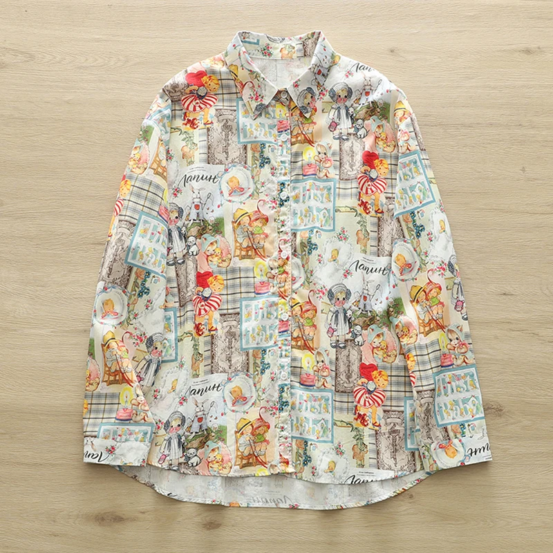 Spring Autumn Women Casual Sweet Cartoon Baby Printed Shirt Turn Down Collar Long-sleeved Cotton Kawaii Blouse Blusa U253