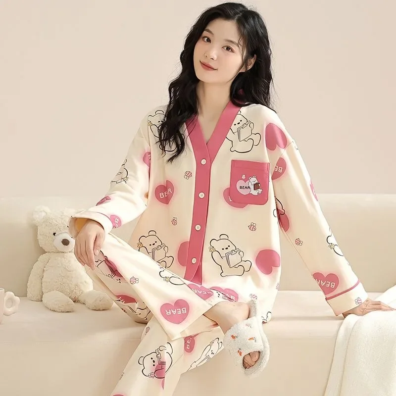 2024 New Cotton Pajamas Long-sleeved Ladies Spring Autumn Sleepwear Sweet Loose Plus Size Loungewear V-neck Loose Homewear Suit