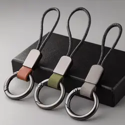 Genuine Leather Key Chains for Men Women Lanyard Cotton Rope Strap Metal Keyring Gift Trendy Key Holder Jewelry Accessories