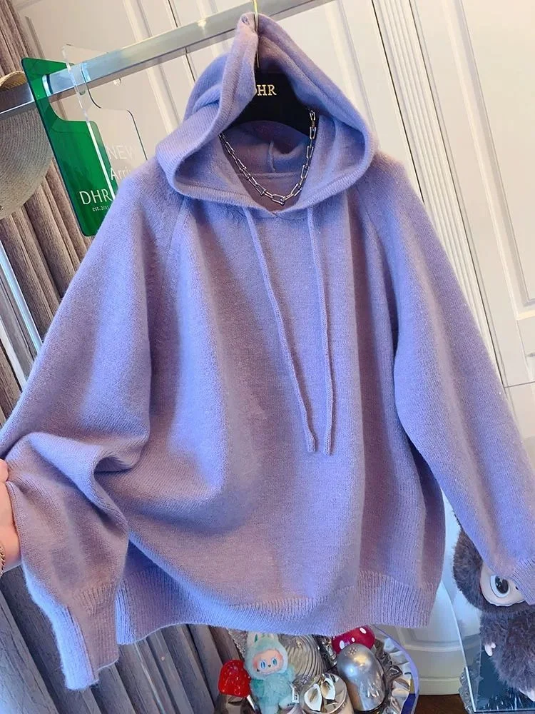 プラスサイズの女性のニット帽子セーター柔らかくて暖かいゆったりとした秋冬紫の色通勤-sle-ロング-sve-ラウンド-ne-トップ