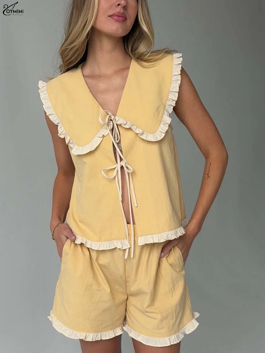 Oymimi Fashion Yellow Cotton Women' S Clothes 2 Piece Sets Casual Ruffled Neck Sleeveless Lace-Up Shirts And Pockets Shorts Sets