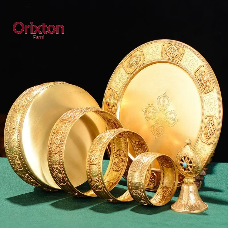 4 Layer Tibetan Manza ,Golden Engraving Flowers Tantric Handicraft Altars Shura Dish, Desktop Buddhist Religious Item,1Set