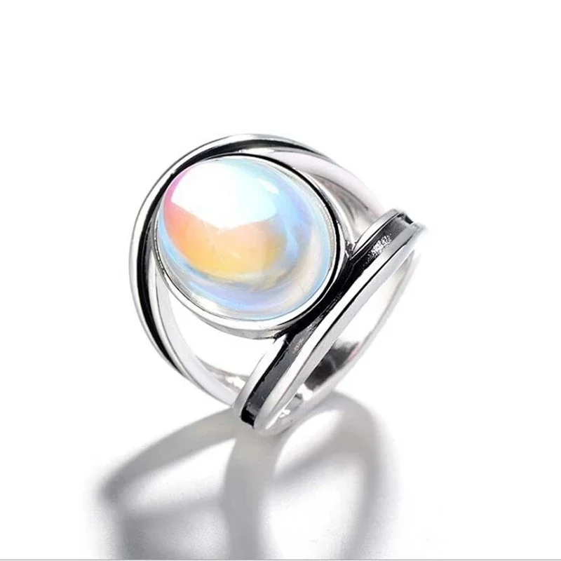 FashionVintage Ancient Tibetan Large Oval Moonstone Ring Large Size Indian Healing Crystal Fire Opal Rings Women Vintage Jewelry