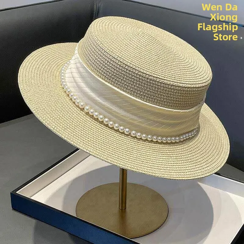 

Elegant Pearl Straw Sunshade Hat Women's Casual Style Summer Hat Beachside Flat Top Hat Stylish Ladies' Outdoor Cap
