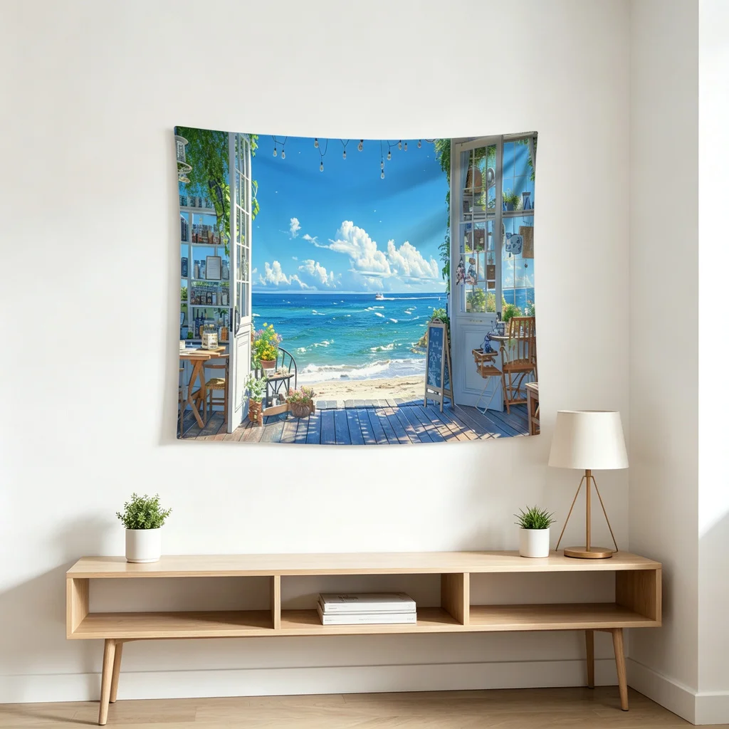 1PC Window Ocean View Print Backdrop Banner, Bedroom Living Room Photo Background, Polyester Wall Hanging, Home Decor, Wall Art