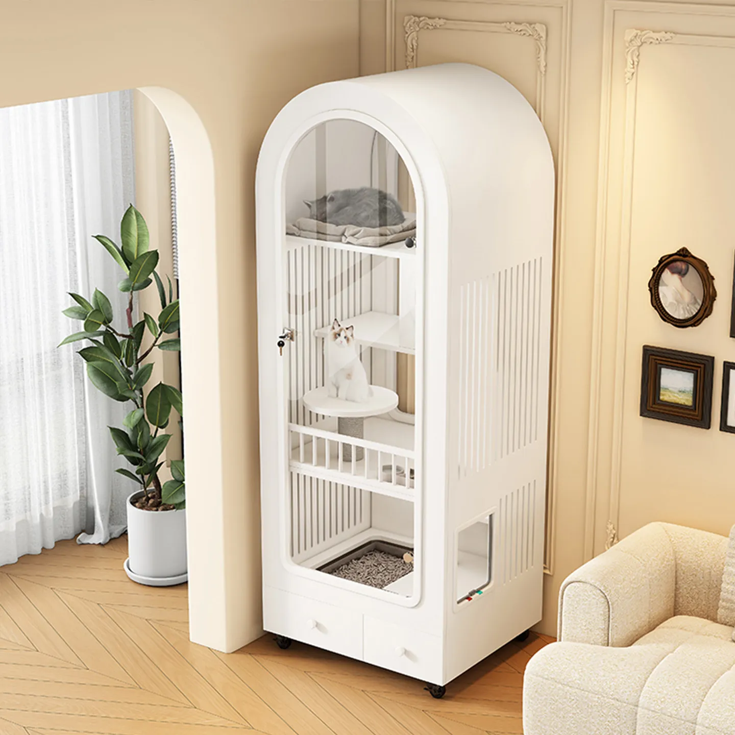 

Кошачья вилла TT Arched Style из массива дерева с интегрированным туалетом, домик для кошек, не занимающий много места, для использования внутри помещений.