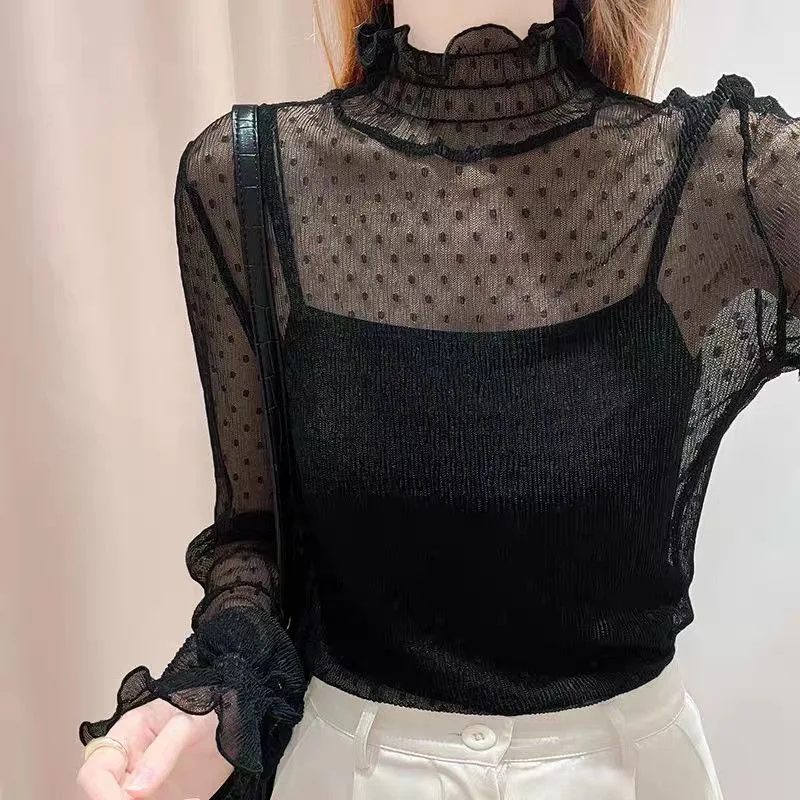 Autumn Women Thin Black Lace Shirt Sexy Turtleneck Long Sleeve Slim Lace Crochet Patchwork Tops Fashion Women Clothing