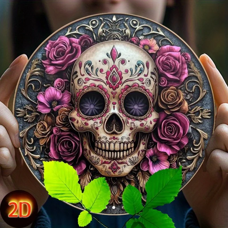

Dia De Los Muertos Sugar Skull Wreath Metal Sign Artwork - Traditional Style Aluminum Wall Hanging Decor for Home
