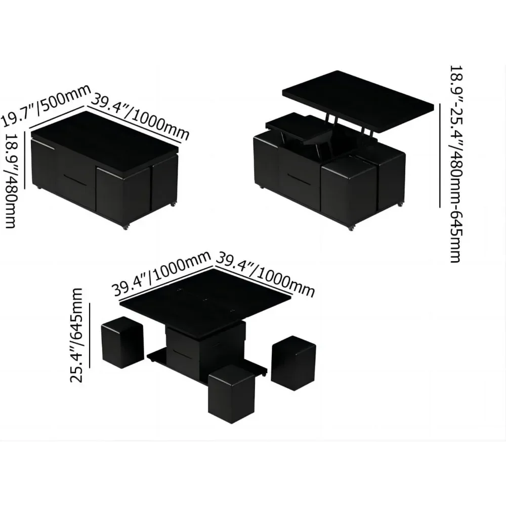 Lift Top Coffee Table with Hidden Storage, 3 in 1 Multi-Function Modern Folding Center Table with 4 Stools and Casters