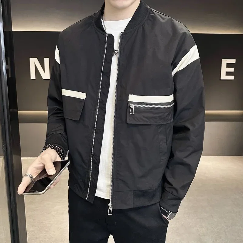 

New Spring and Autumn Fashion Brand Zipper Pocket Colored Baseball Neck Jacket Loose and Versatile Ruffle Handsome Men's Coat