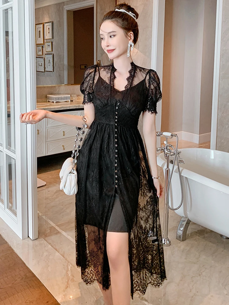 Zomer Maxi Jurk 2023 Vrouwen Sexy Black Sheer See Through Kant Bladerdeeg Mouw Single Breasted Lady Robe Party Vakantie Strand vestido