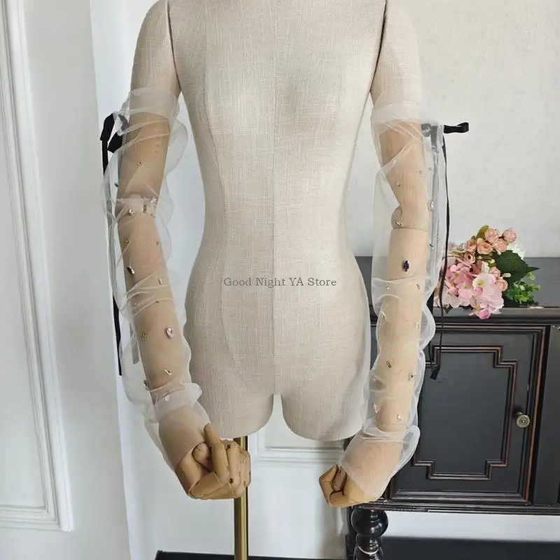  Luxurious Crystal Studs Arm Sleeves Long Gloves For Wedding Proms Ball Gowns