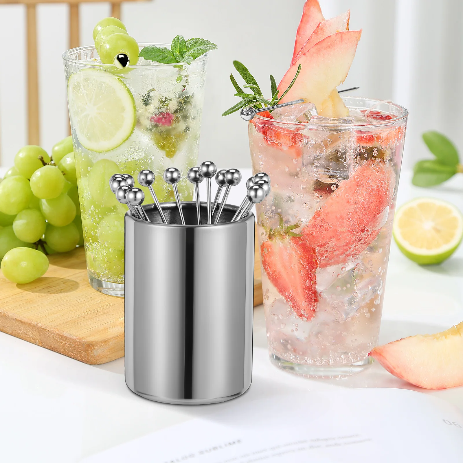 

Metal Cocktail Picks Set 16 Toothpicks 1 Holder Stainless Steel Party Cake Garnish Olive Fruits Reusable Strong