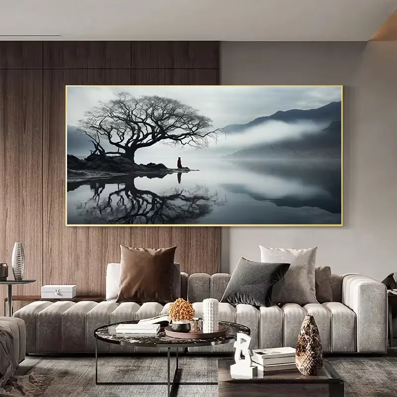 Lake Scene with Lone Tree and Misty Mountain Frameless Painting Modern Canvas Prints Nature Landscape Wall Art for Living Room