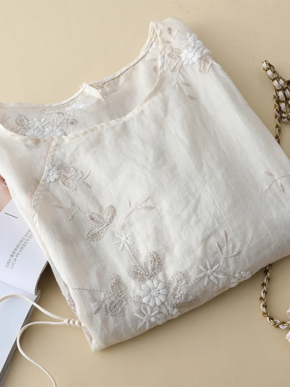 Ele bordado algodão linho ort sve irt feminino trabalho pesado solto ajuste leve verão topo redondo ne design