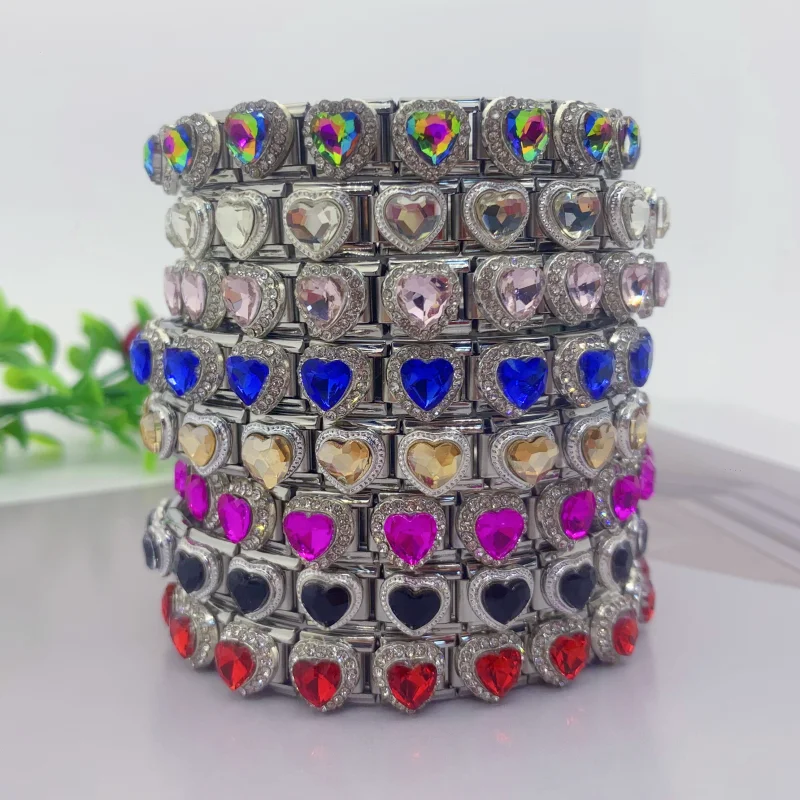 New Fashion Colorful Love Gemstone Italian Charm Fit 9mm Links Bracelet Stainless Steel Module DIY Women Men Jewelry