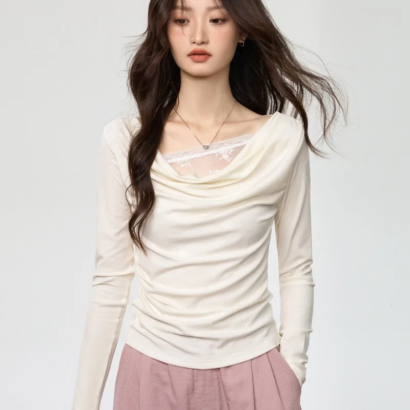 

Spliced lace Fake Two-piece Long-sleeved T-shirt Women's Slim Pleated Early Autumn Top