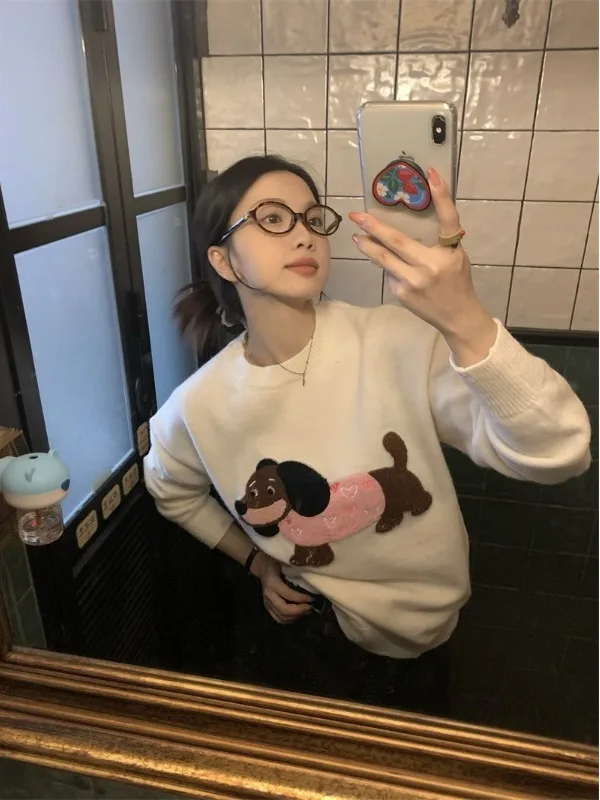 

Loose Fit Knitted Sweater Embroidered Sausage Dog Patch Cute Bla Cheese Korean Sle Women's Faion Winter Warm Long Sve