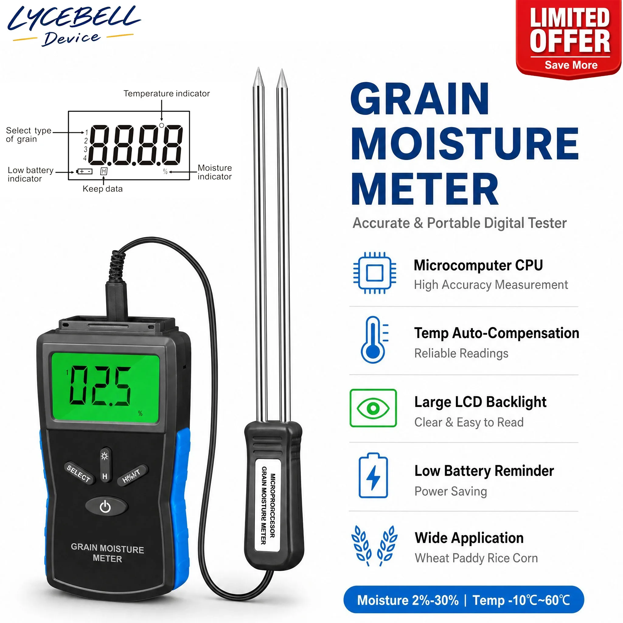Grain Moisture Meter Tester Digital Analyzer for Wheat Corn Rice Paddy Portable Hygrometer with Temp Compensation 2%-30% RH