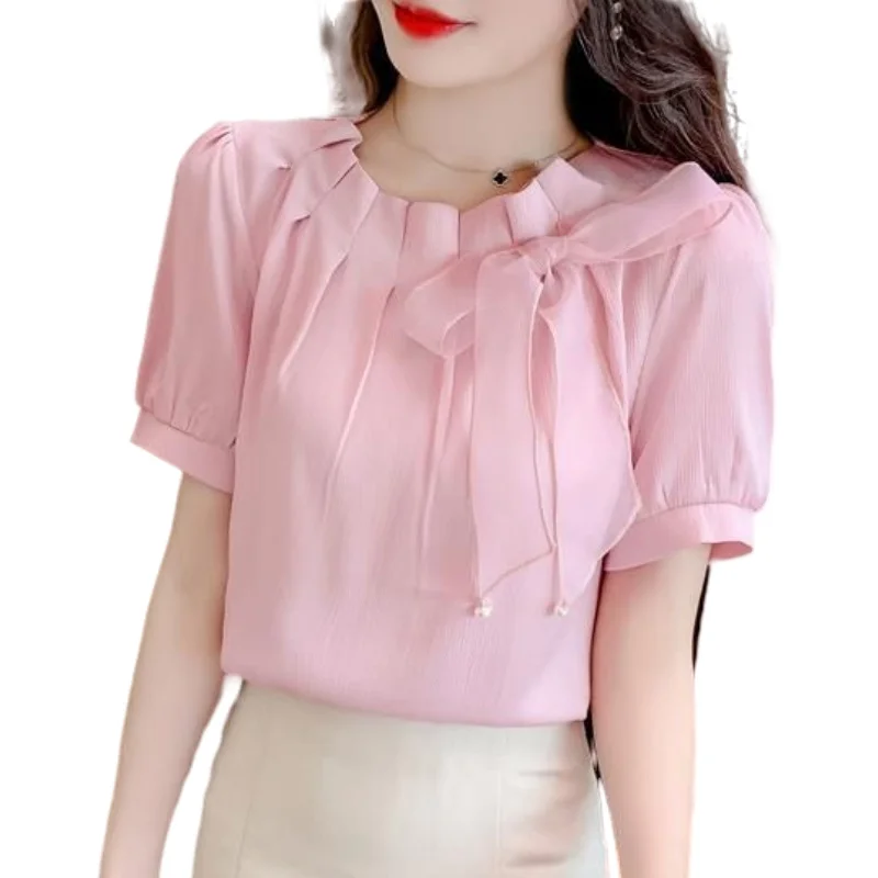 3XL Women Spring Summer Blouses Shirts Lady Fashion Casual Short Sleeve Bow Collar Clothing Solid Color Blusas Tops TT0797