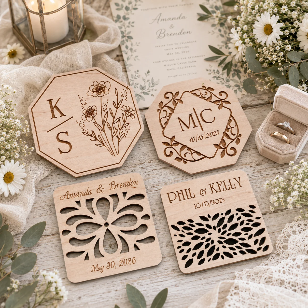 10/30/50Pcs Personalized Wedding Place Cards Custom Wooden Drink Coasters Save the Date Name Tags Table Decor Party Guest Gifts