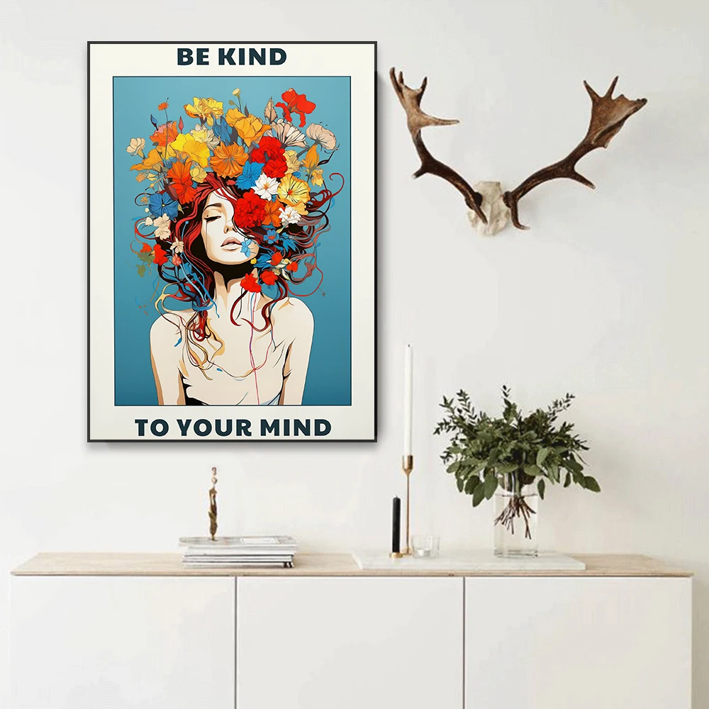 Mental Health Vintage Lady Art Poster Be Kind to Your Mind Quotes Wall Art Print Inspirational Quote Canvas Painting Home Decor