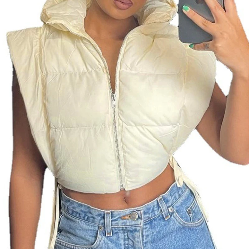 Women's Autumn New Good Quality Hooded Side Leak Sleeveless Strap Short Versatile Fashion Bread Suit Women