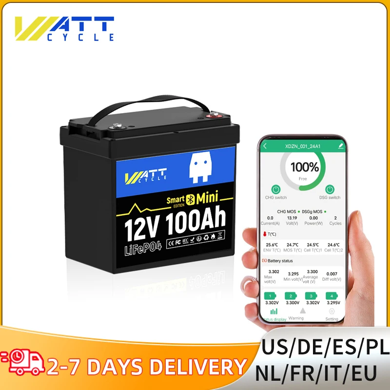 Wattcycle LiFePO4 Battery 12V 100Ah Bluetooth Real-time Control Ensure the Safe Use Perfect For Outdoor Camping/ Fishing , ect