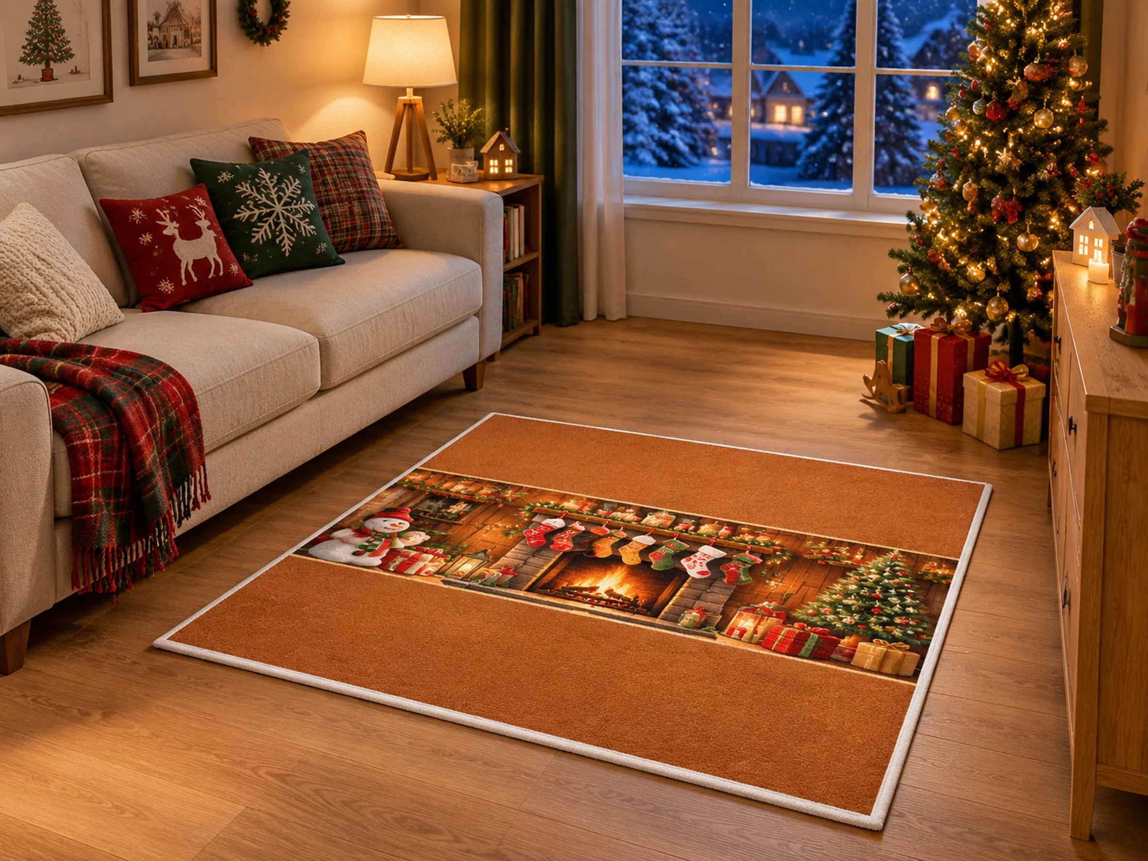 VIKAMA Christmas Amber Brown Fireplace Flannel Door Mat, Washable Quick Dry Xmas Mat, Xmas Decor for Office, Balcony, Laundry