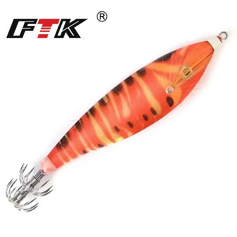 FTK-plantillas de calamar, señuelo de pesca de mar, 9cm, 16g, anzuelo luminoso de calamar, Jigging, pulpo, sepia, madera, camarones, cebos duros, ojos 3D