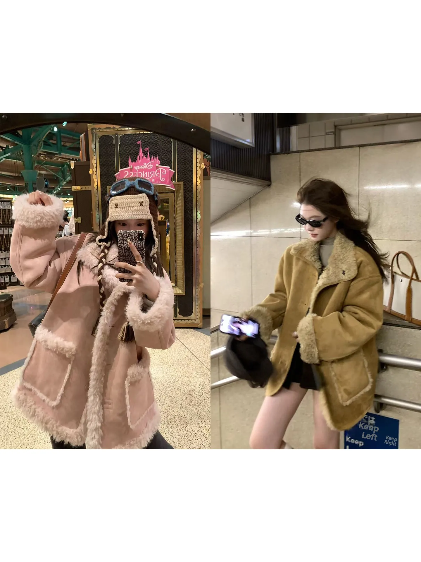 Jaqueta Feminina de Couro e Pele Dupla Face de Comprimento Médio, Casual, Solta, Manga Longa, Quente