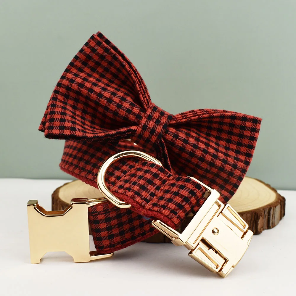 Plaid Dog Collar Designer With Bow Tie Custom Dog Accessories Luxury Pet collar leash set