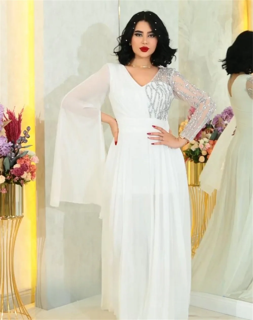 Customized es High Quality Exquisite V-neck A-line Sequins Chiffon Formal Occasion Gown luxury dubai evening drs فستان حفلات ا