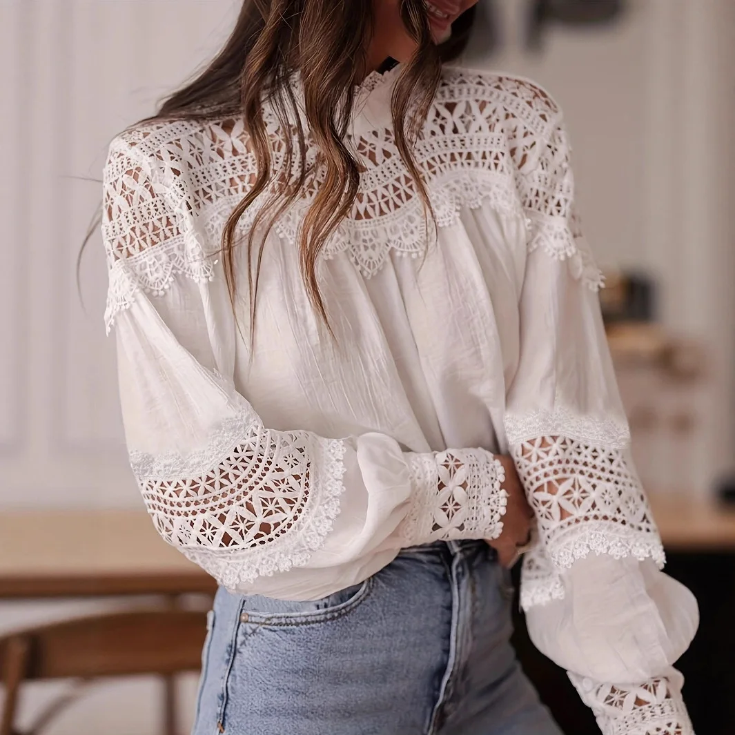 

Sexy Lace Trim Hollow out Bell Sve Blouse Women's Street Sle Loose Fit Long Sve irt Cross-Border Vaion S