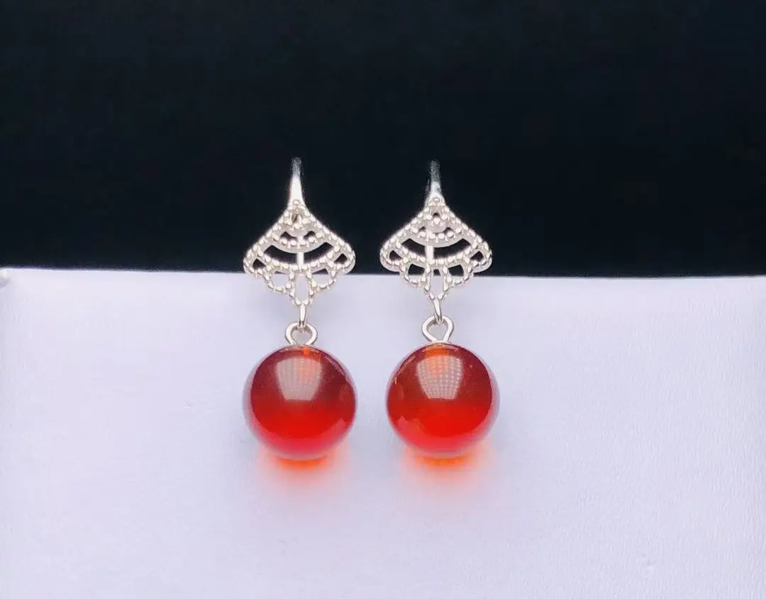 

Certificate 925 Silver Natural Baltic Red Amber Ear Hook Vintage Fashion Real Gems Bead Drop Dangle Hoop Earring BohemiaJewelry