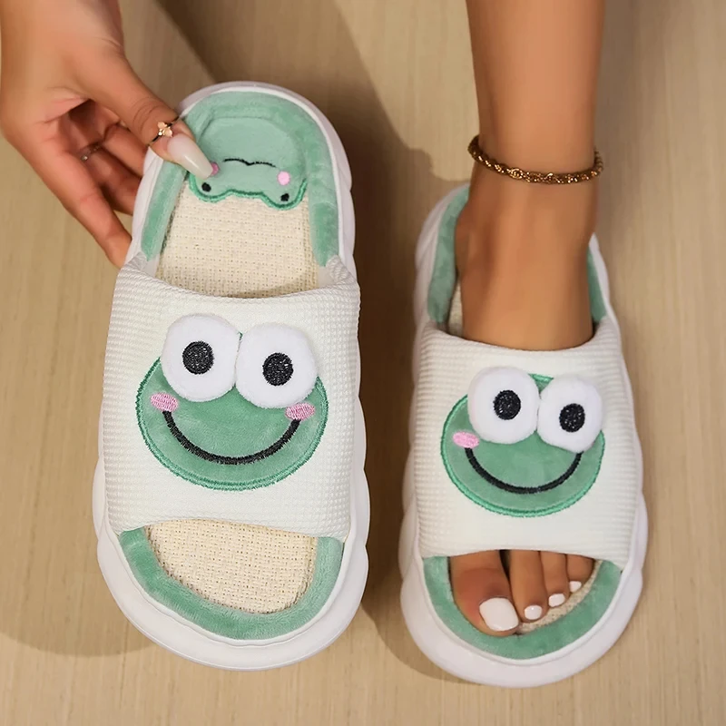 Linen Casual Platform Slippers Women Home Frog Cartoon Cute Indoor Designer Shoes Girls 2024 Fashion House Slides Flats Big size