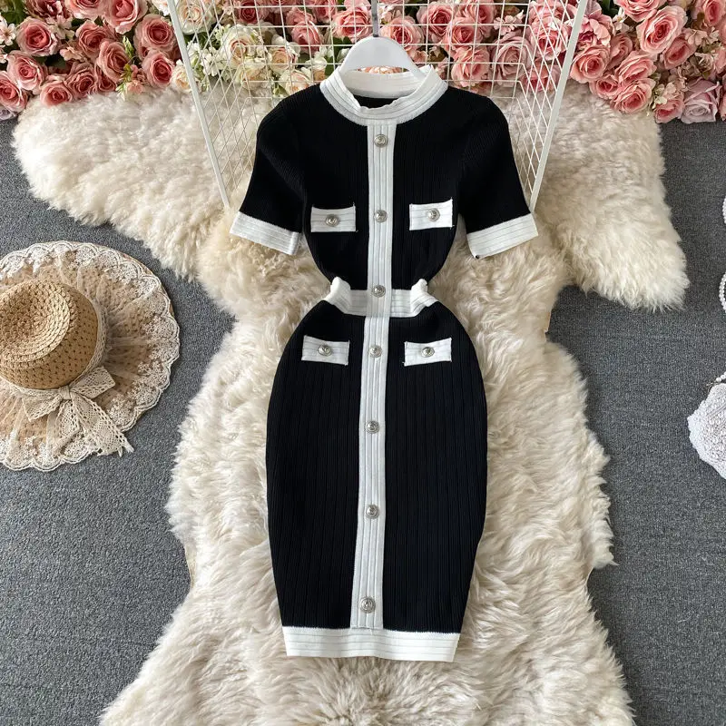 

Korean Knitted Robe Femme Summer O Neck Short sleeve Kink Hollow Out Sexy Slim Bodycon Dress Long Vestidos