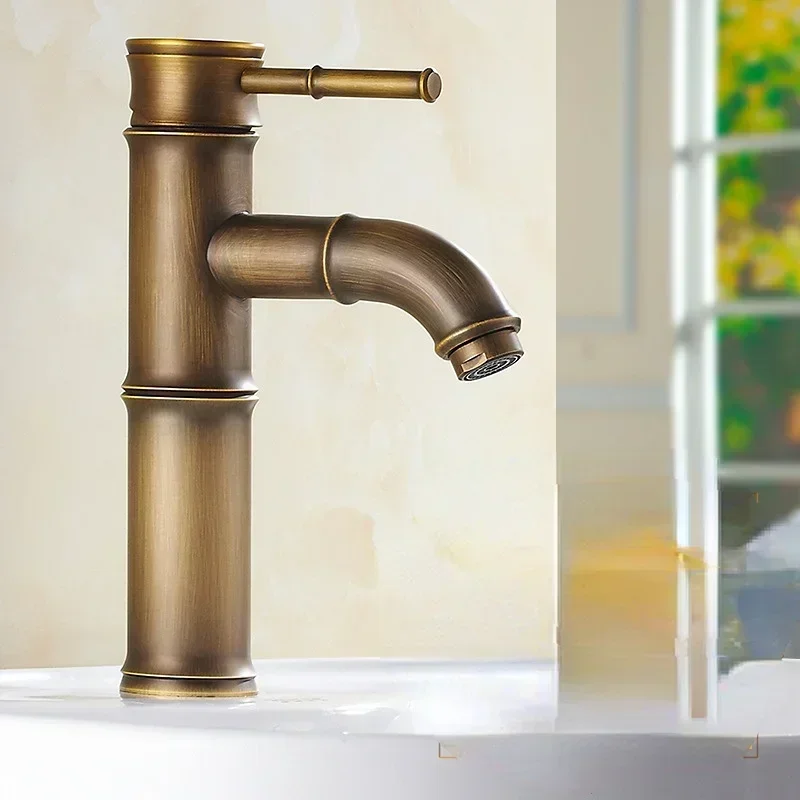 European Antique Brass Basin Faucet Bathroom Faucet High Bamboo Cold and Hot Water Kitchen Outdoor Garden Faucet Grifo Lavabo