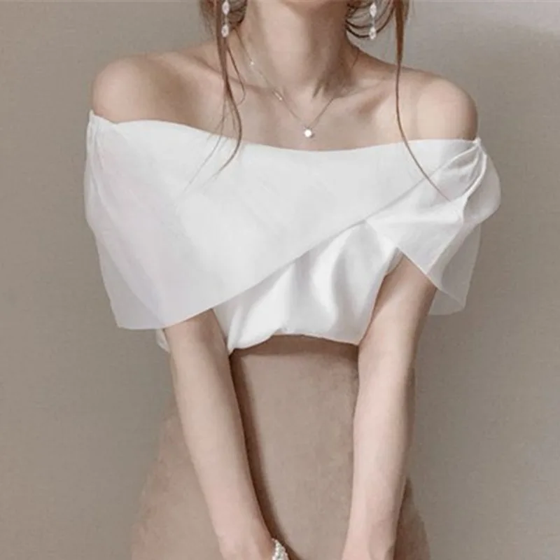 Slash Sexy Off Shoulder Crop Top Blusas Mujer De Moda Slim Short Sleeved Chiffon Shirt Summer White Blouse Shirts for Women