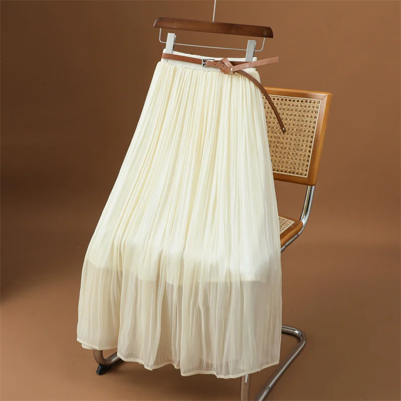 

High Quality Women Summer Fashion New 2023 Pearlescent Yarn Chiffon Elastic Waist Solid A Line Casual Party Holiday Half SKirt