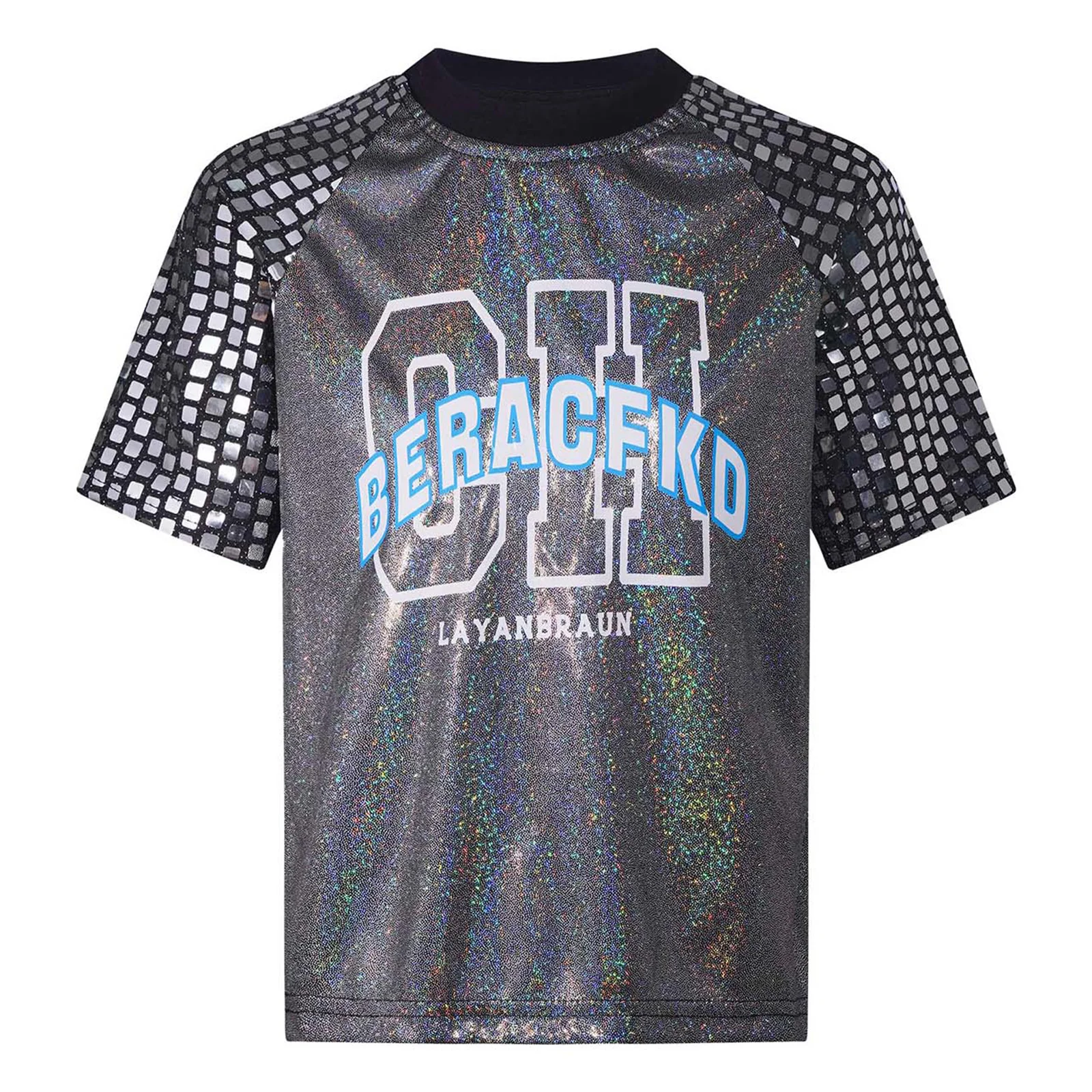 Costumes de danse Jazz Hip Hop unisexes pour enfants, vêtements de danse de spectacle pour filles et garçons, paillettes à carreaux brillants, manches courtes, haut métallique