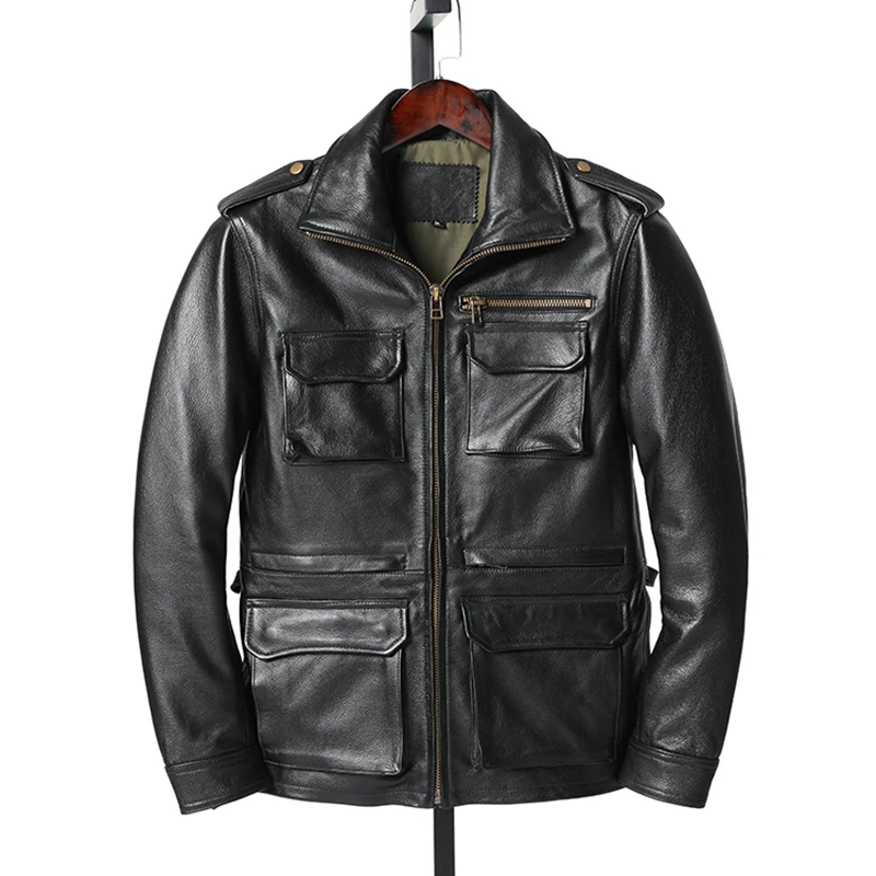 

Genuine Leather Jaet Men Top Layer Cowhide Long Coat M65 Military Jaet Bla Lapel Slim Fit Trendy Casual Workwear